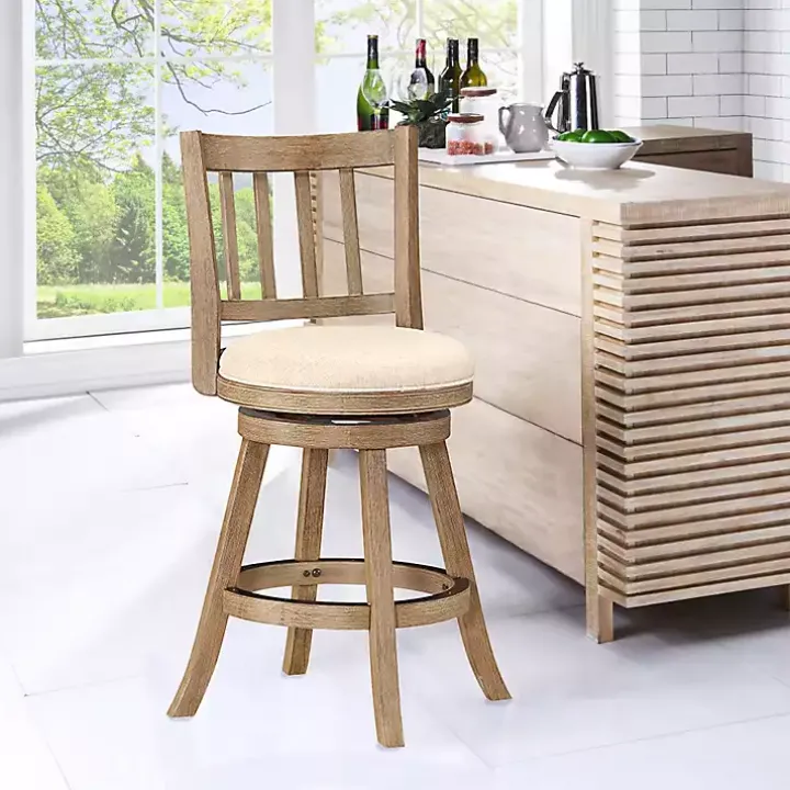 Ivory Linen Slat Back Swivel Counter Stool