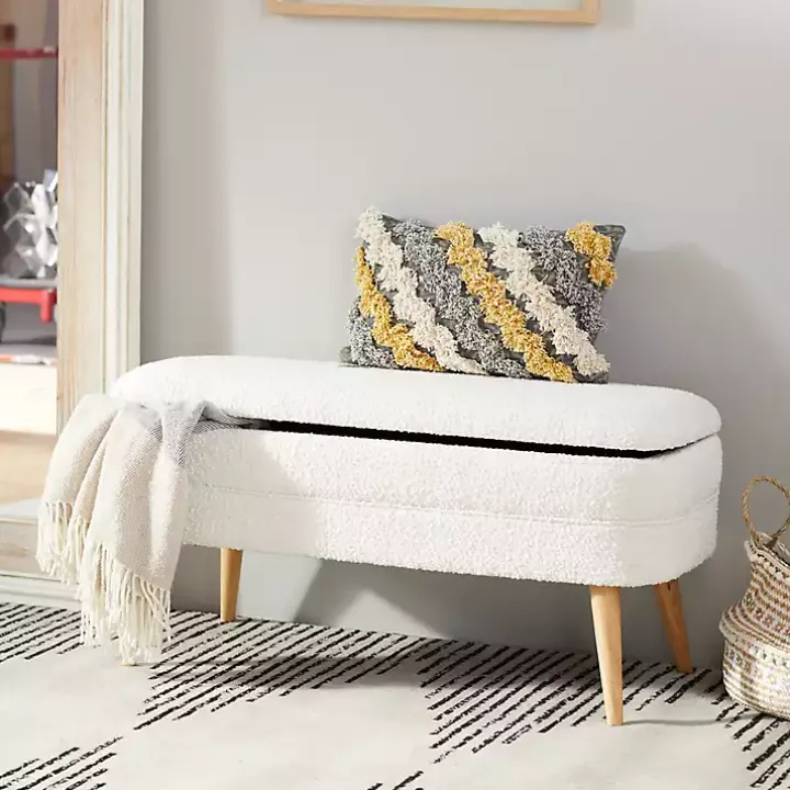 Ivory Upholstered Wood Leg Storage Bench