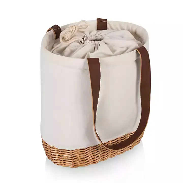 Ivory Wicker Cinch Top Wine Tote
