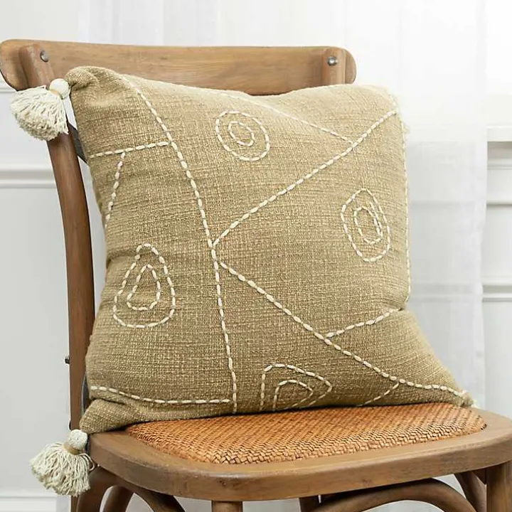 Kantha Khaki Handstitched Throw Pillow