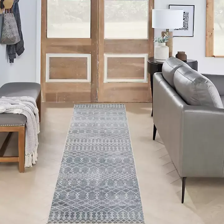 Light Blue Moroccan Washable Runner, 2x10