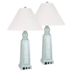 Light Blue Shutter USB Table Lamps, Set of 2