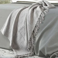 Light Gray Checkered Weave Fringe Throw