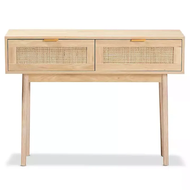 Light Oak Rattan and Wood Console Table