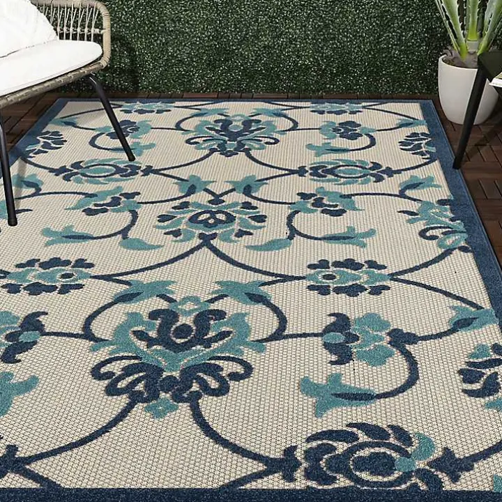 Lyla Blue Floral Damask Indoor/Outdoor Rug, 5x8