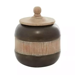 Mahogany Wood and Metal Jar with Lid, 11 in.