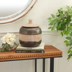 Mahogany Wood and Metal Jar with Lid, 11 in.