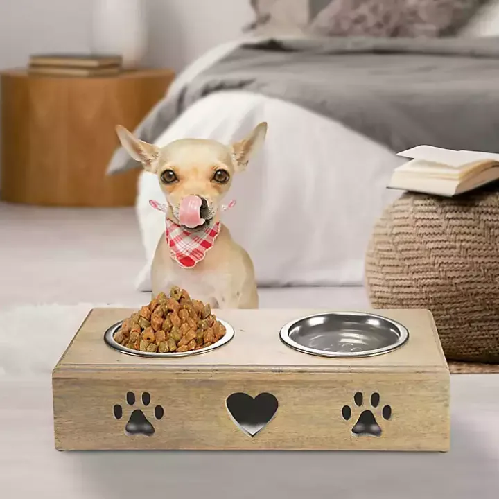 Mango Wood Heart Cutout Dog Bowl