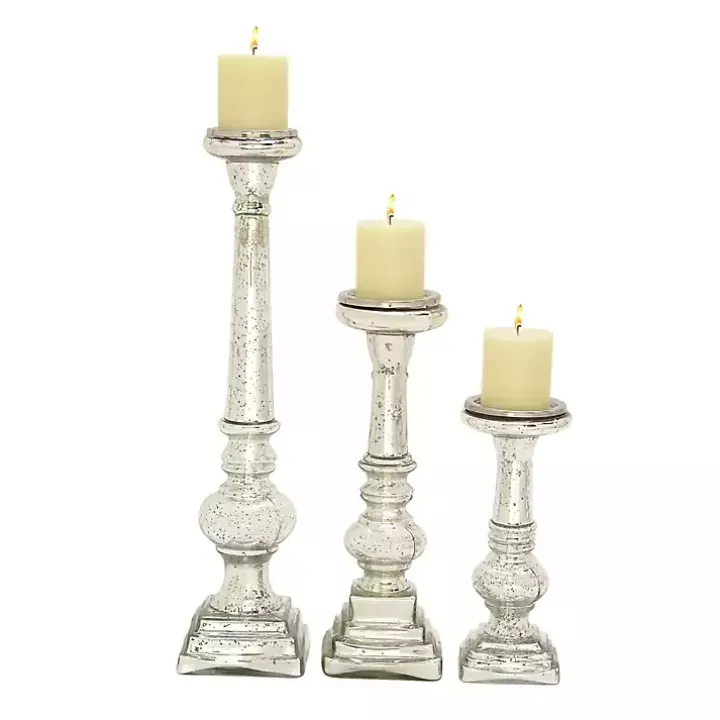 Mercury Glass Silver Candle Holders, Set of 3