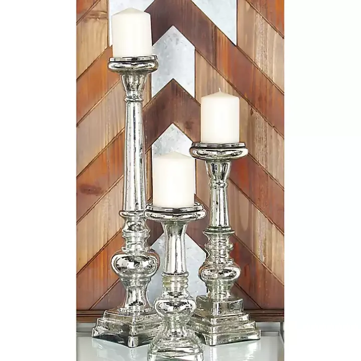 Mercury Glass Silver Candle Holders, Set of 3