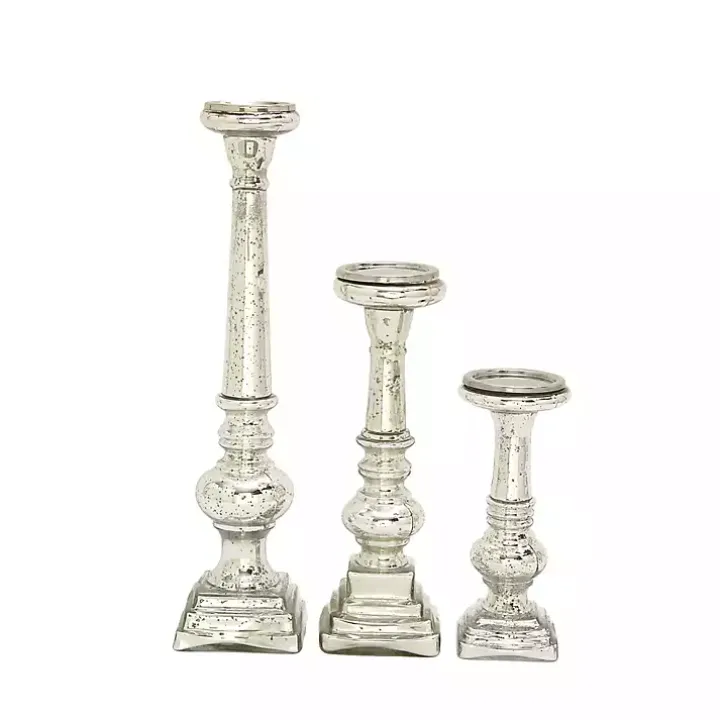 Mercury Glass Silver Candle Holders, Set of 3