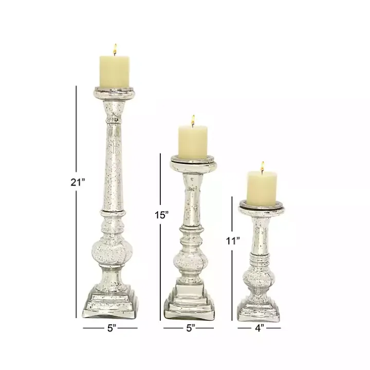 Mercury Glass Silver Candle Holders, Set of 3