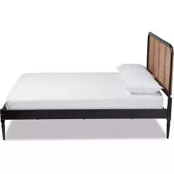 Mid-Century Black Wood Rattan Queen Platform Bed
