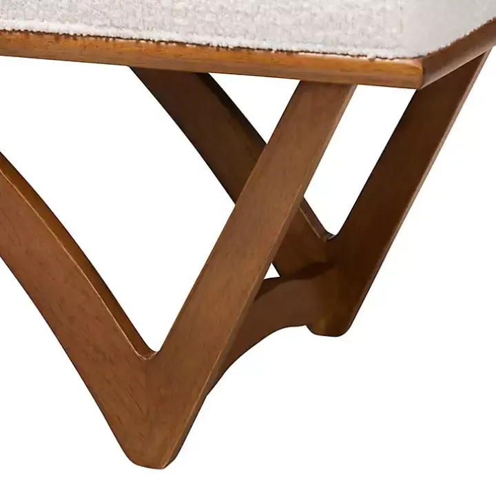 Mid-Century Modern White Boucle Angled Bench