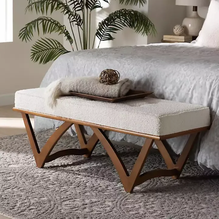 Mid-Century Modern White Boucle Angled Bench