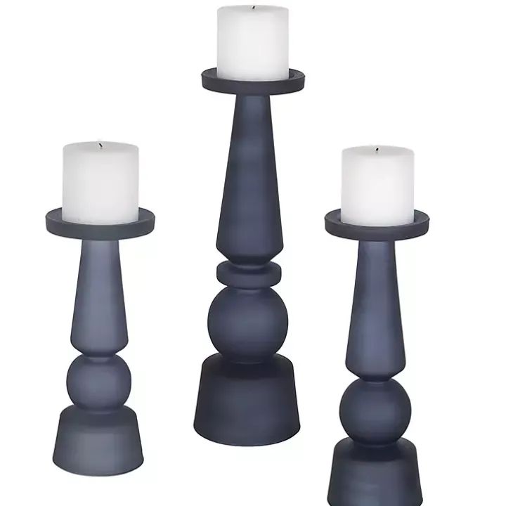 Midnight Blue Glass Pillar Holders, Set of 3