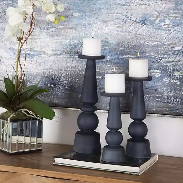 Midnight Blue Glass Pillar Holders, Set of 3