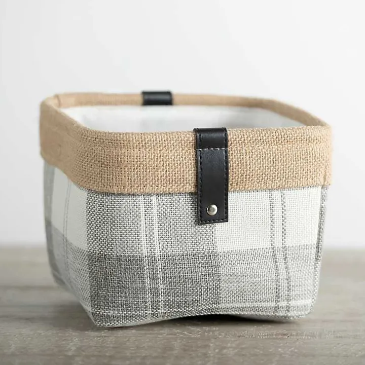 Mini Gray Plaid Bin with Leather Accent