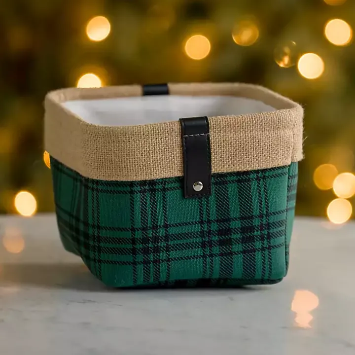 Mini Green Plaid Bin with Leather Accent