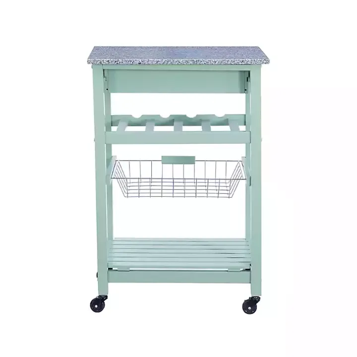Mint Green Rolling Kitchen Cart with Granite Top