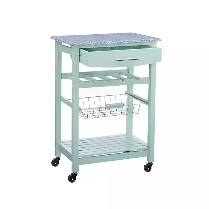 Mint Green Rolling Kitchen Cart with Granite Top