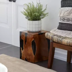 Natural Abstract Teak Wood Grain Accent Table