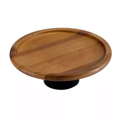 Natural Acacia Wood Cake Stand with Black Base
