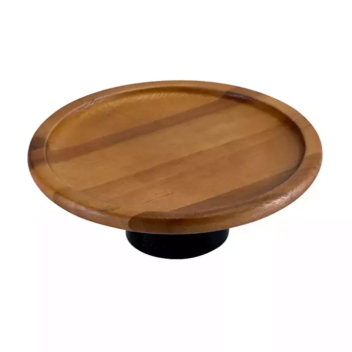 Natural Acacia Wood Cake Stand with Black Base