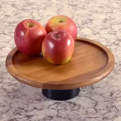 Natural Acacia Wood Cake Stand with Black Base