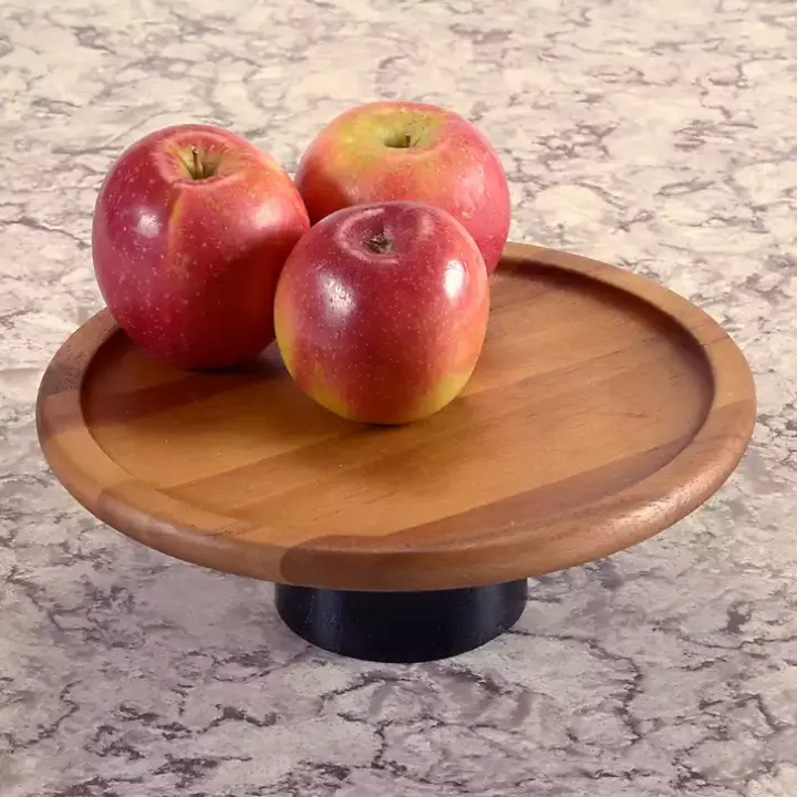 Natural Acacia Wood Cake Stand with Black Base