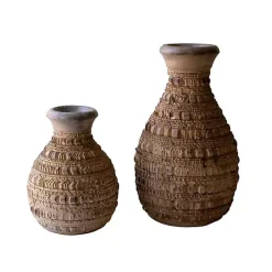 Natural Carved Textured Wood Vases, Set of 2