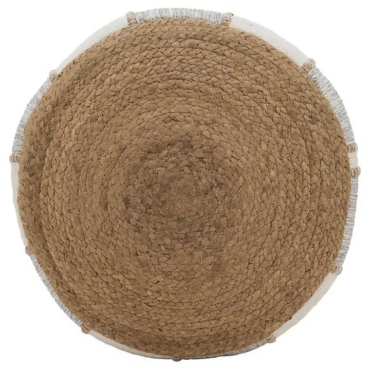 Natural Gray and White Striped Jute Pouf
