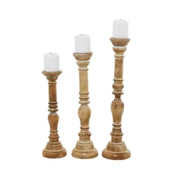 Natural Mango Wood Carved Candle Holders, Set of 3