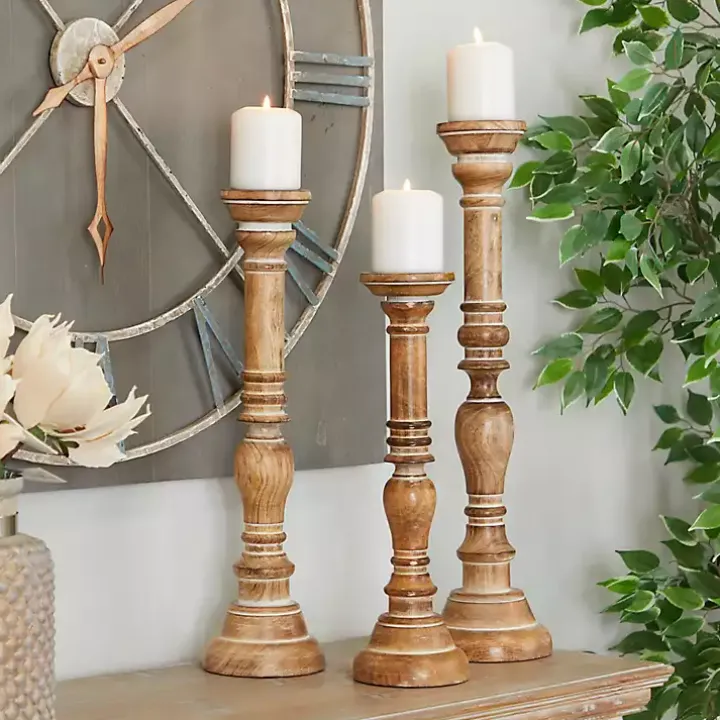 Natural Mango Wood Carved Candle Holders, Set of 3