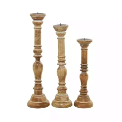 Natural Mango Wood Carved Candle Holders, Set of 3