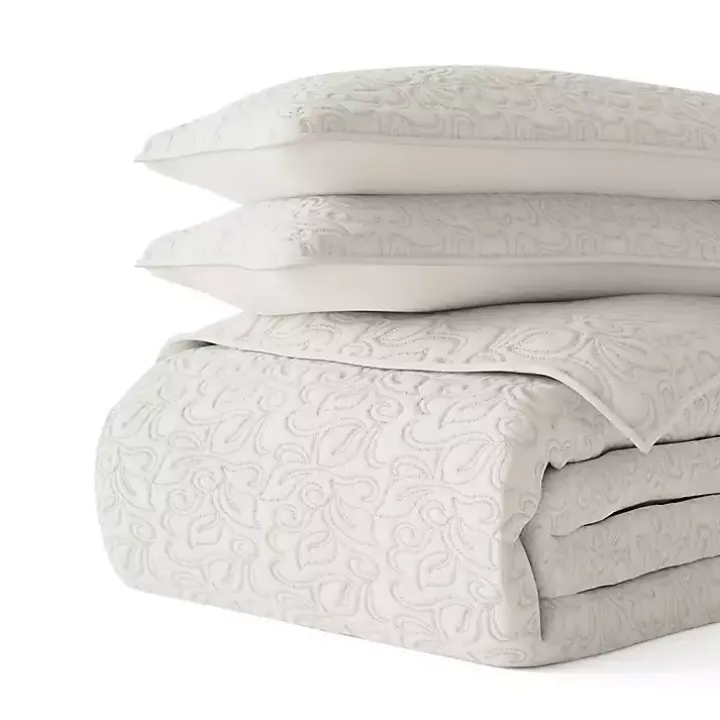 Natural Stitched Floral 3-pc. Queen Quilt Set
