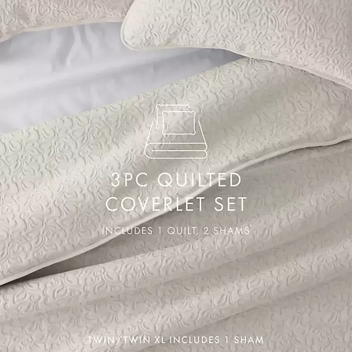 Natural Stitched Floral 3-pc. Queen Quilt Set