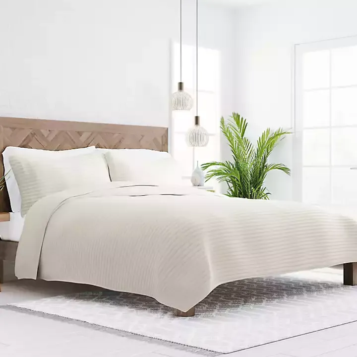 Natural Stitched Stripes 3-pc. Queen Quilt Set