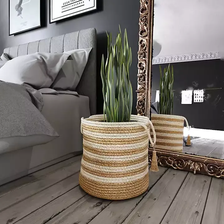 Natural Striped Jute Basket with Handles, 19 in.