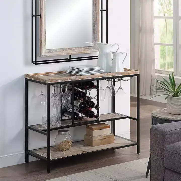 Natural Wood & Black Metal Wine Rack Console Table