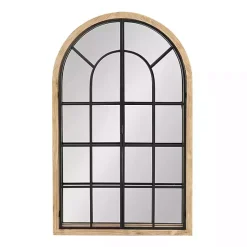 Natural Wood and Metal Arch Windowpane Wall Mirror