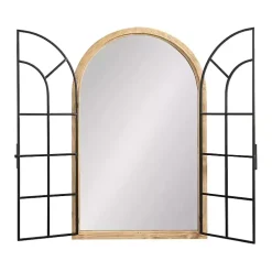 Natural Wood and Metal Arch Windowpane Wall Mirror