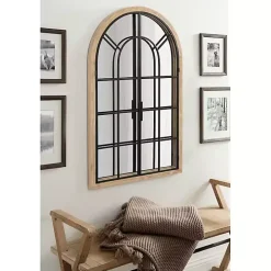 Natural Wood and Metal Arch Windowpane Wall Mirror
