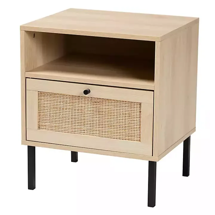 Natural Wood and Metal Storage Shelf Nightstand