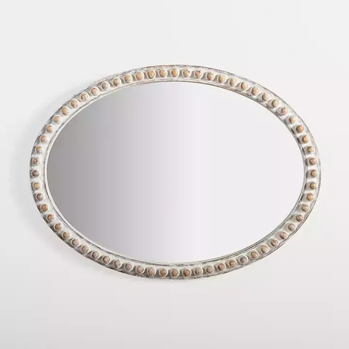 Natural Wood Beaded Oval Mirror