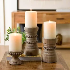 Natural Wood Beaded Pillar Candle Holder, 9 in.