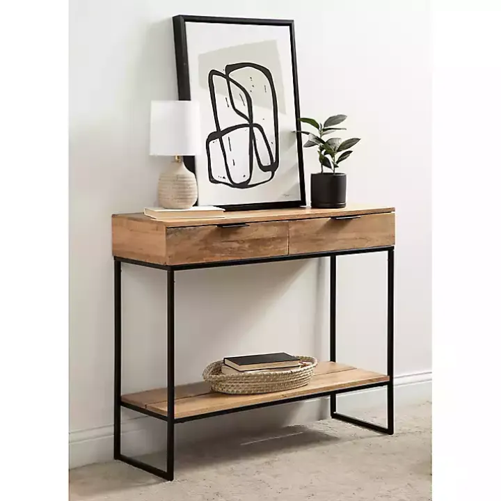 Natural Wood Black Metal Console Table