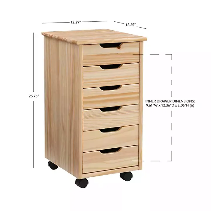 Natural Wood 6-Drawer Cary Storage Cart
