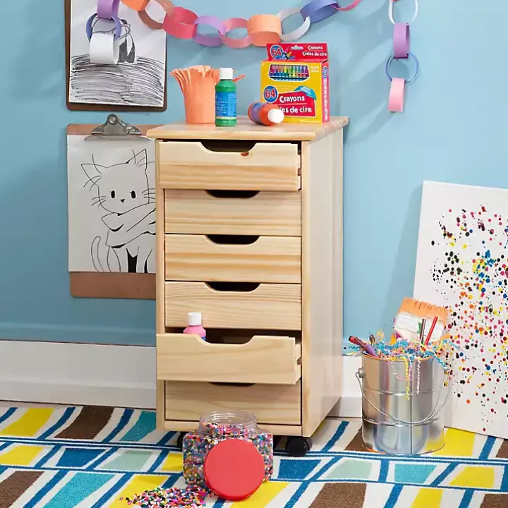 Natural Wood 6-Drawer Cary Storage Cart