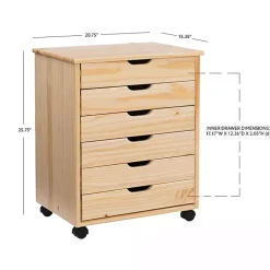 Natural Wood Wide 6-Drawer Cary Storage Cart